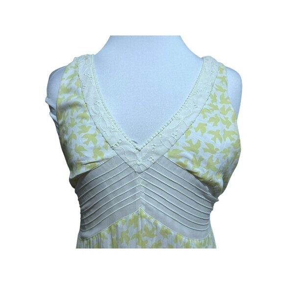 Anthropology Leifnotes Bird Print Midi Patchwork Eyelet Lemon White Dress Sz 0 - Picture 2 of 8